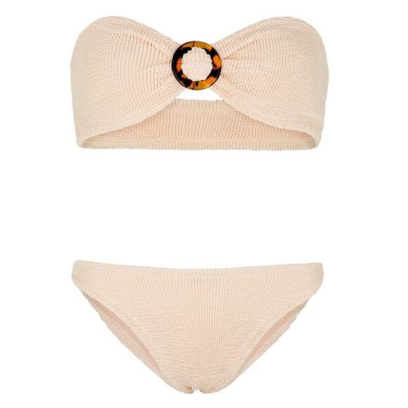 Hunza G. Flora Seersucker Bandeau Bikini Top and Bottom Blush Peach Pink OS NWT - Picture 3 of 15